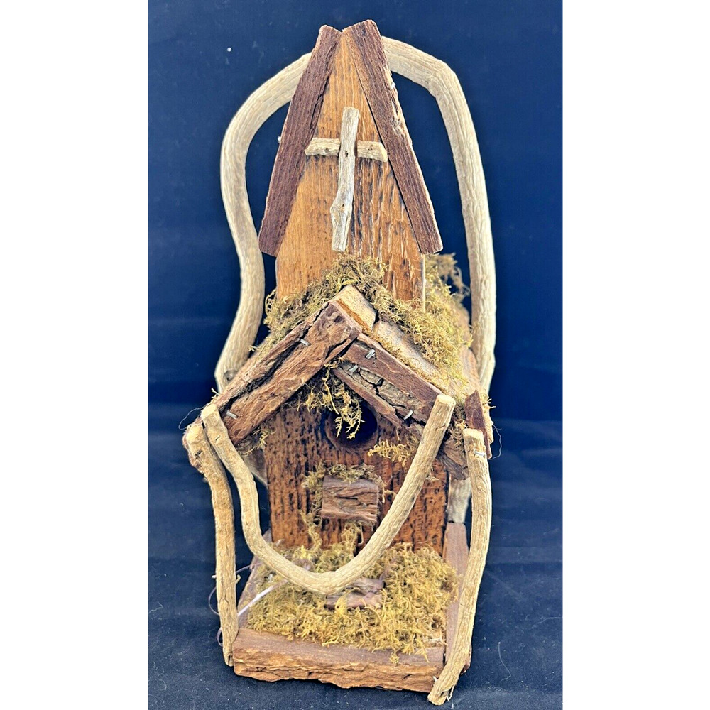 Vintage Rustic Primitive Natural Wood &Decorative‎ Bird House Church Moss